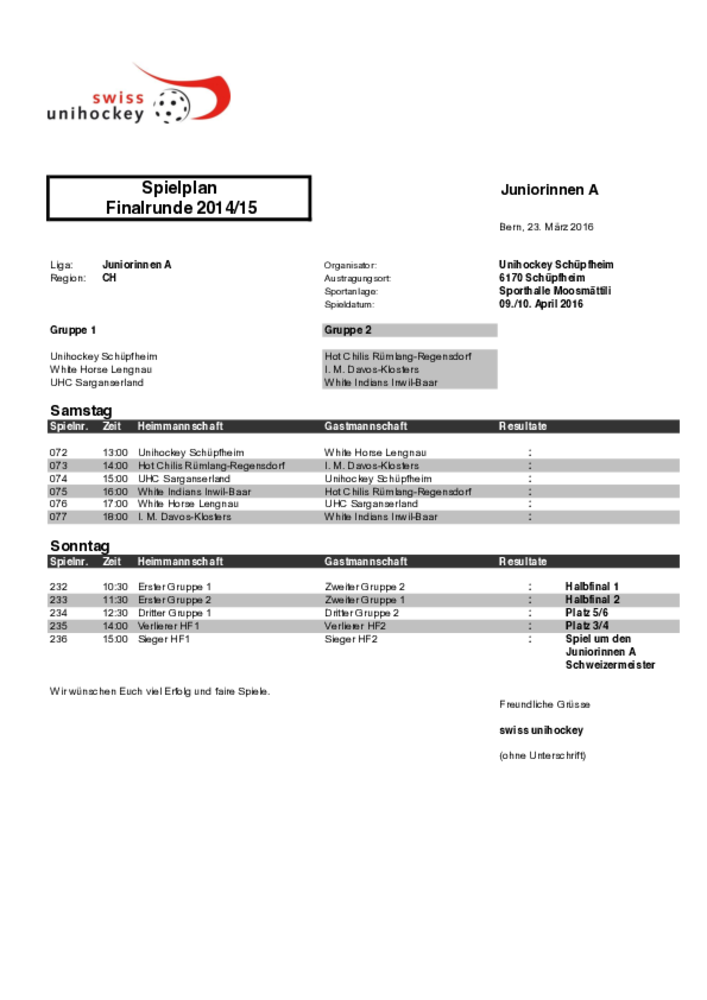 Spielplan der Finalrunde